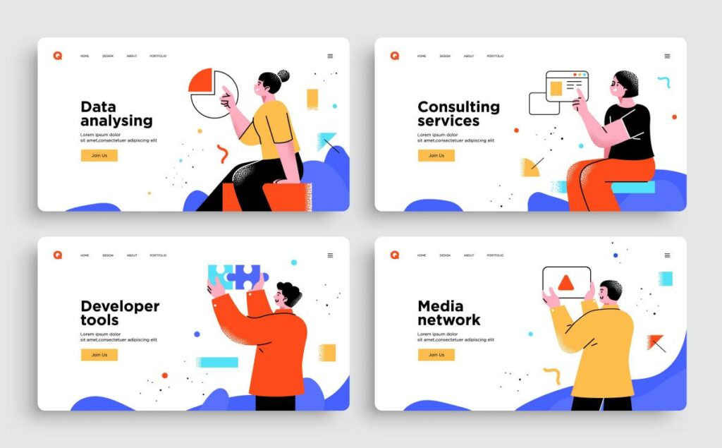 Set of Presentation slide templates or landing page websites design. Business concept illustrations. Modern flat outline style.