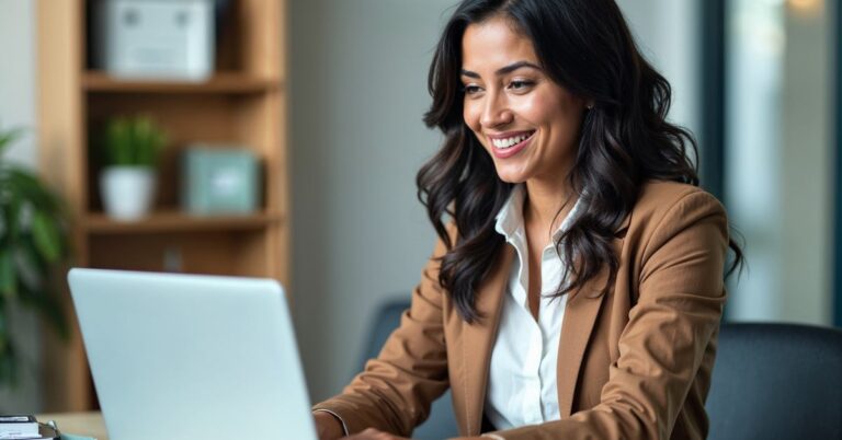 smiling woman typing on a laptop